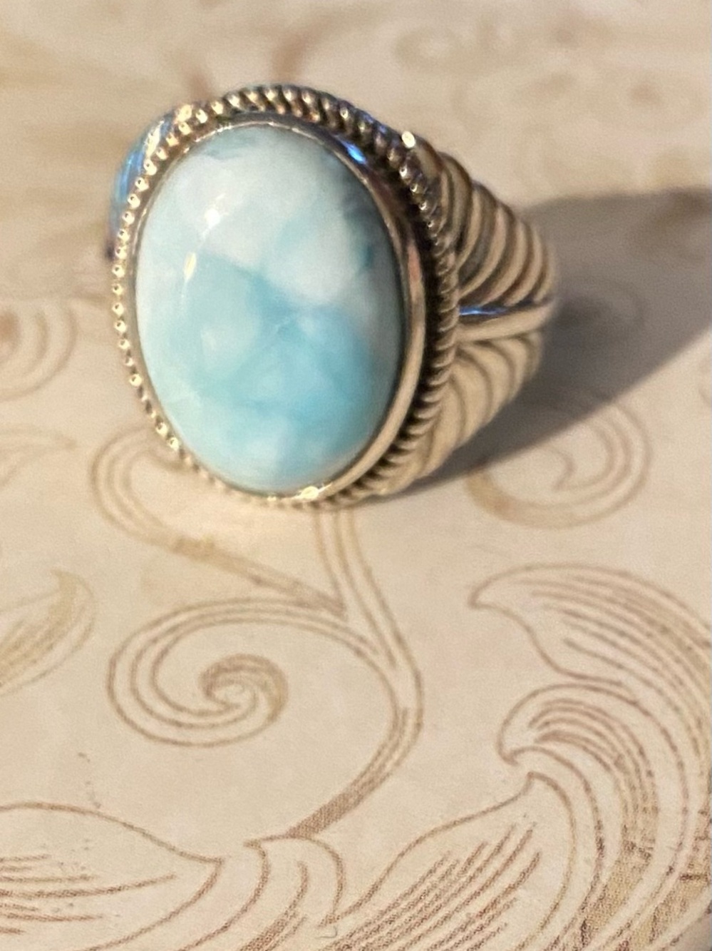 Larimar Oval Ring with Sterling Silver Detail. Size 8